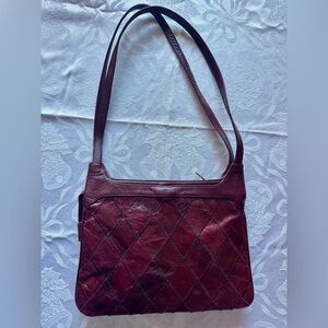 Vintage Exotic Genuine Lizard Patchwork Handbag Purse, Deep Cognac Burgandy
